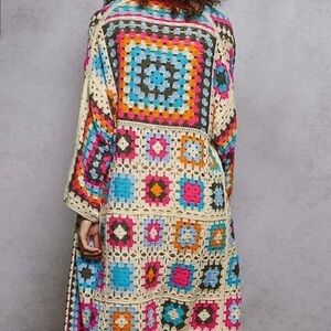 New POL Multicolor Granny Squares Long Crochet Knit Kimono Cardigan
